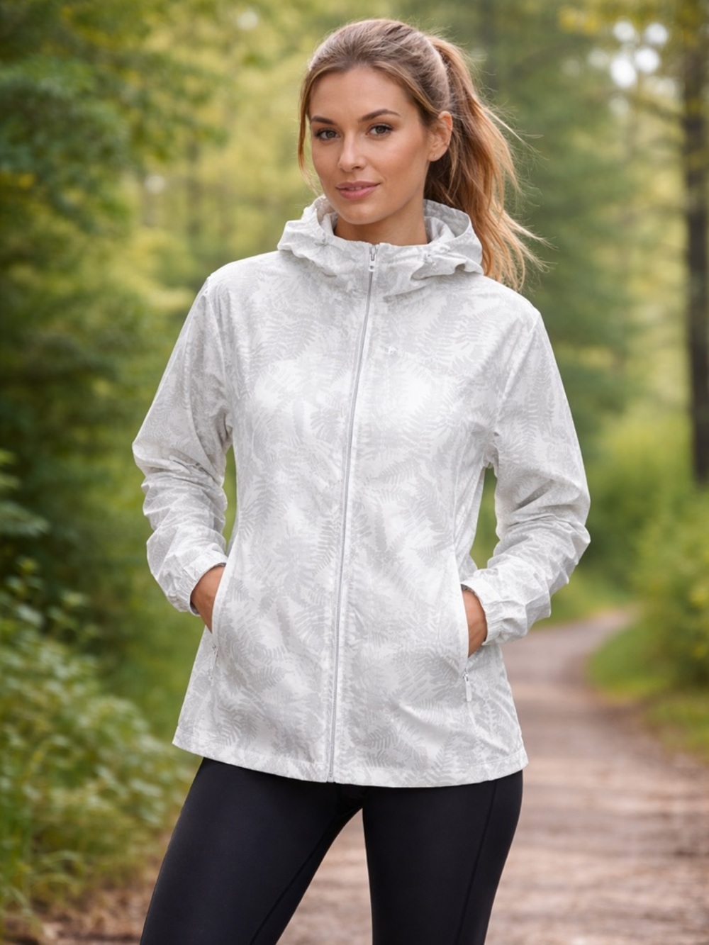 Quechua Raincut Full Zip Jacket | White Fern Print | Windproof + Water-Repellent